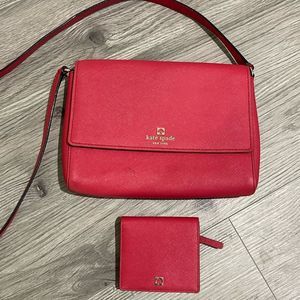 Kate Spade Crossbody Purse & Wallet Red Set Handbag Designer Rectangle Leather